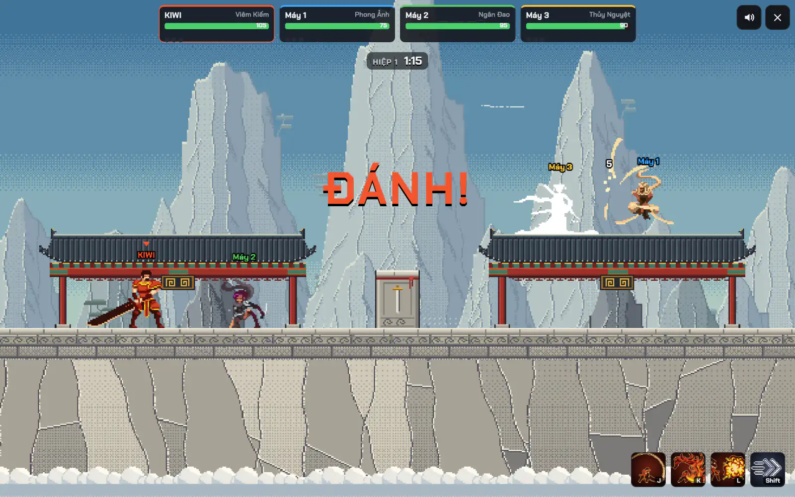 A Hoa Sơn Luận Kiếm practice fight against three computer fighters on temple rooftops.