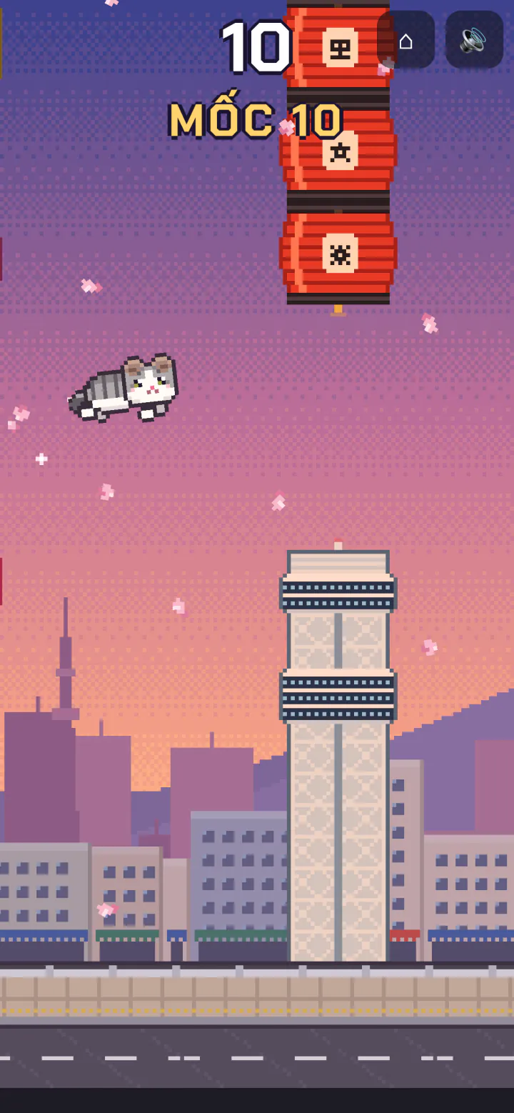Mochichi upright: a cat flies past lanterns and a tower.