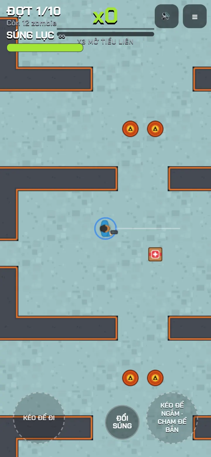 Bầy Xác at the first wave, with touch controls to move, aim and shoot.